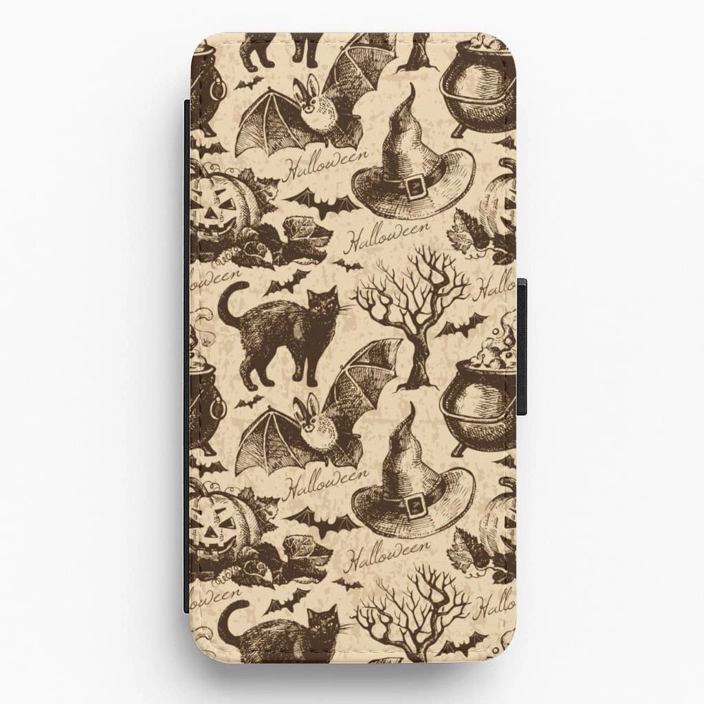 Elegant Build Texture Vintage Halloween Pattern Flip Wallet Phone Case