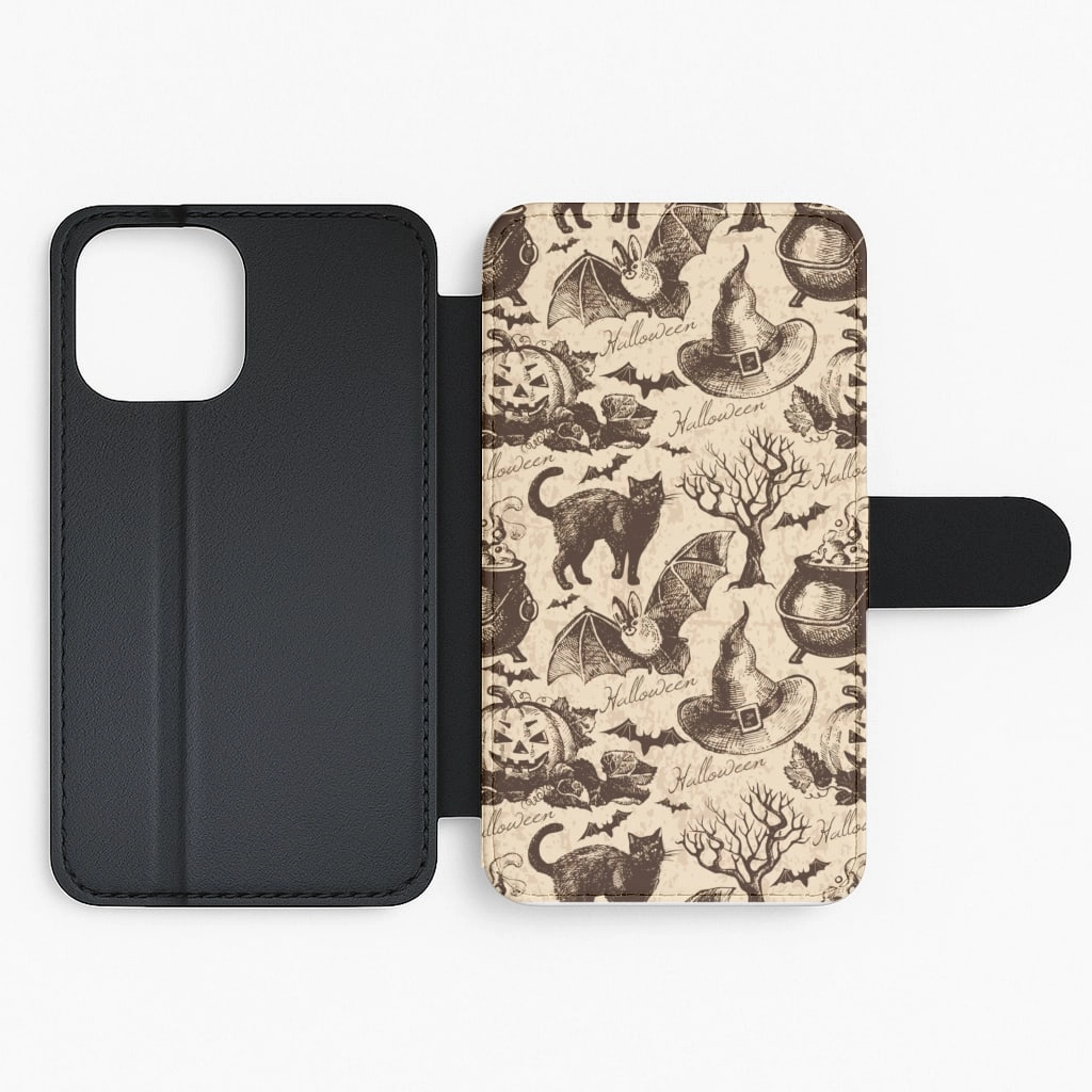 Vintage Halloween Pattern Flip Wallet Phone Case Premium Texture
