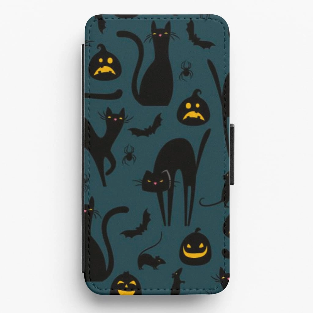 Stylish Detail Layer Edge Shield Whitches Cat Pattern Flip Wallet Phone Case