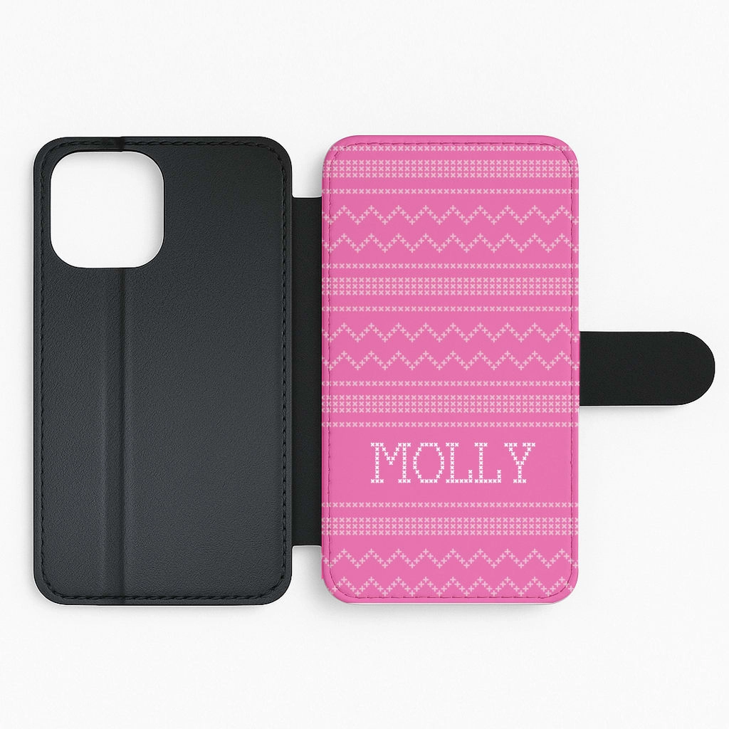 Personalised Christmas Jumper Pink Flip / Wallet Phone Case Textured Grip Durable Form